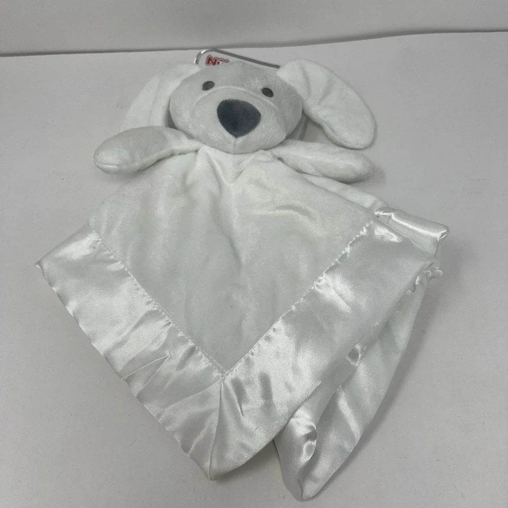 Nuby Security Blanket OS White Dog Plush Satin Trim Puppy Lovey
